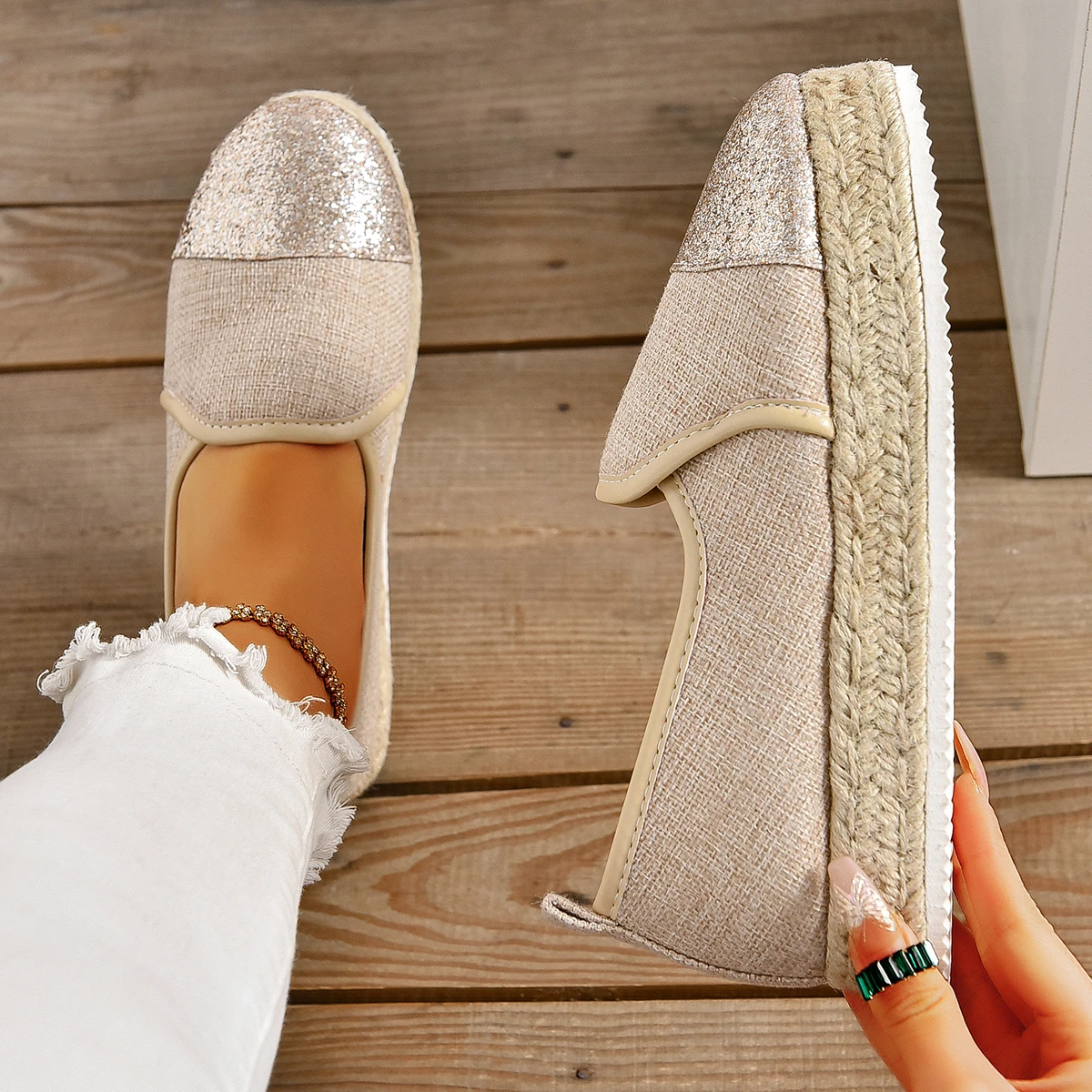 Beige Espadrilles Womens Shoes Flat Stylish and Trendy Footwear for Fashion-Forward Females Loafers Casual Slip-on Grass Woven