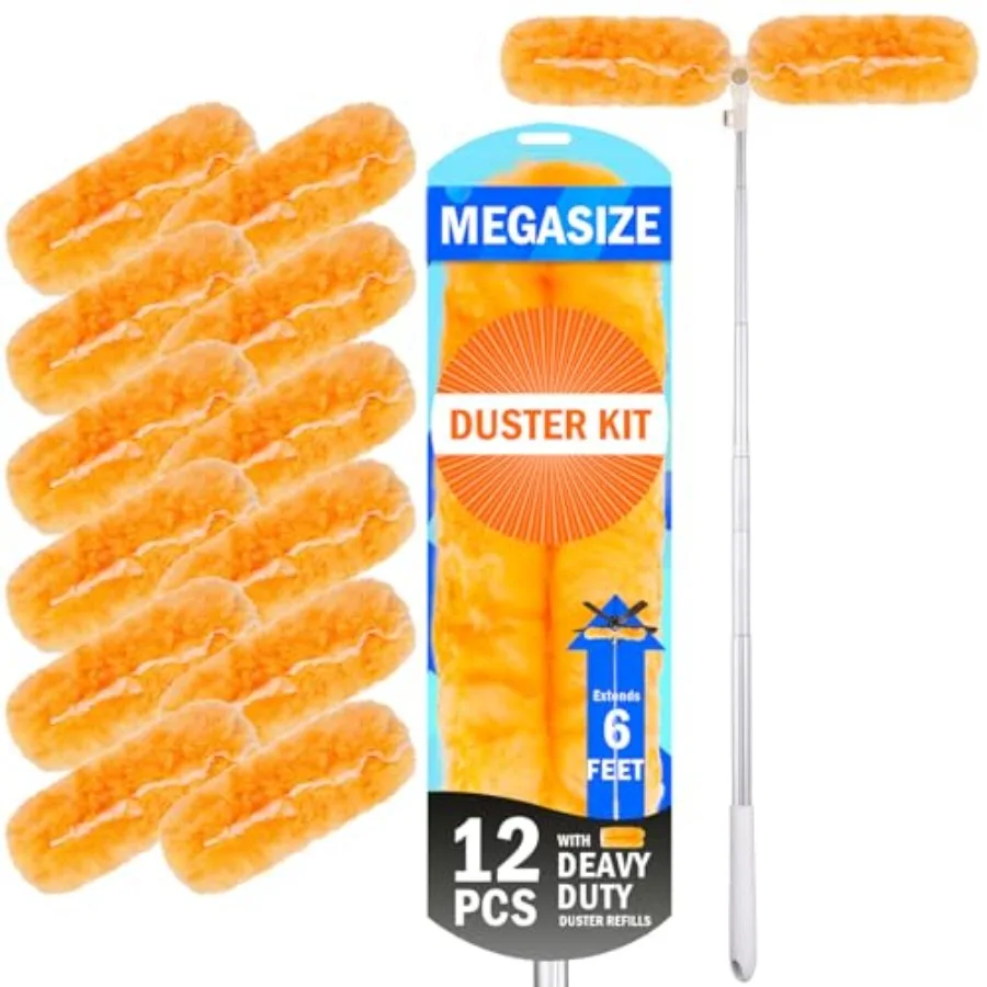 

Extendable Duster Kit, 6 ft Telescoping Handle and 12 Disposable Microfiber Refills Pads, Dusters for Cleaning Ceiling Fan, Bli