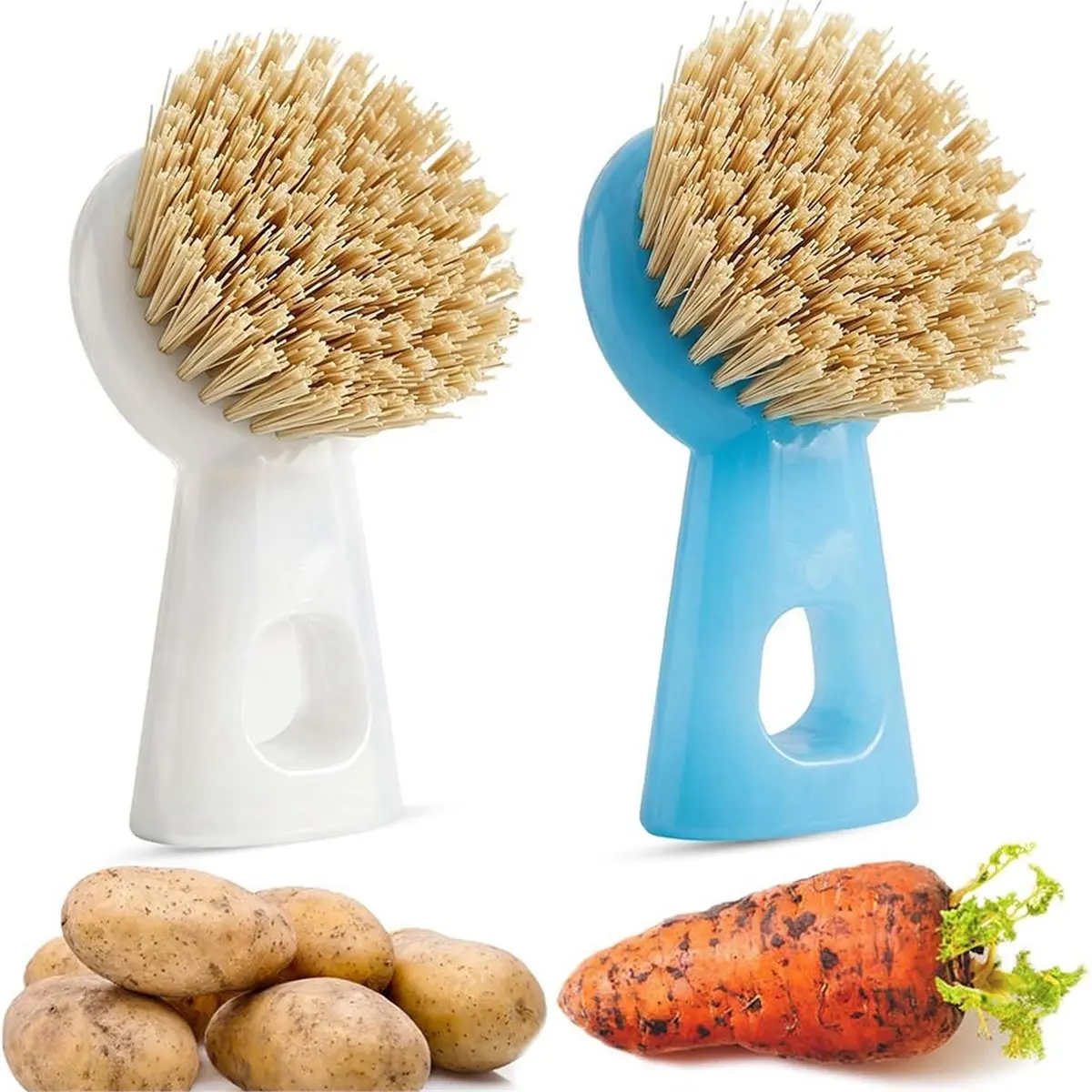 2Pcs Vegetable Scrubber Brush Standing Handle Nylon Bristle for Potato Carrot Fruit Veggie Kitchen Cleaning Tool
