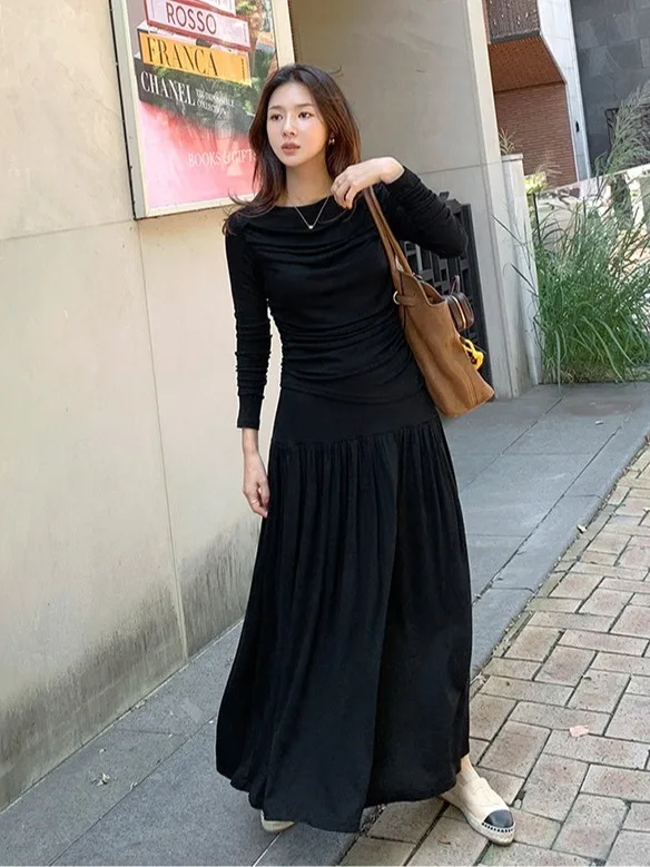 

Faionable Autumn Design Chic Long Sve T-irt A-Line Skirt Set with Side Collar Pleated oulder Bared f-length Skirt