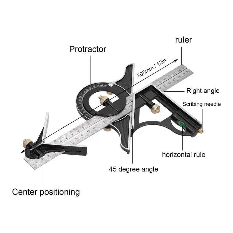 300/600mm Stainless steel T Protractor Level Measure Measuring ruler Adjustable sliding combination Square Square Ruler Set