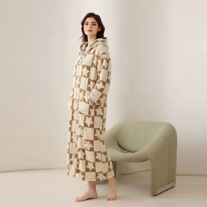 

Women's Homewear Sleeping Nightwear Skirt Sick Coral Fleece Autumn Winter Thick Hooded Long Warm Zipper Robe Lady Pajamas