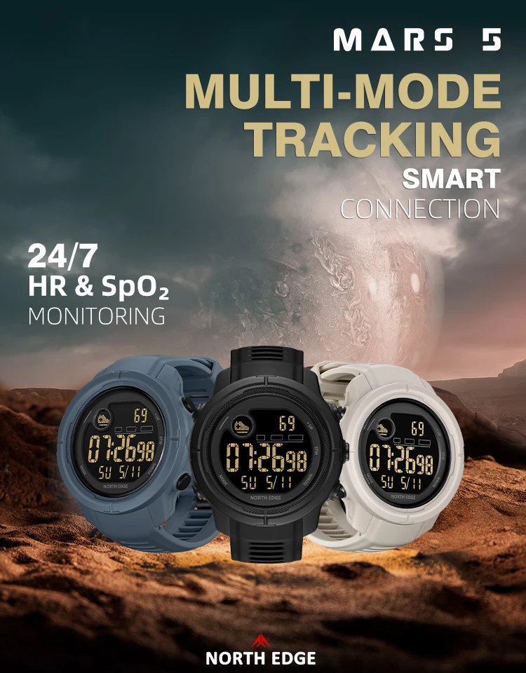 NORTH EDGE NEW MARS 5 Men's Digital Watch Outdoor Military Sports LED Watches Waterproof 50M HR & SpO₂ Smartwatch For Men Women