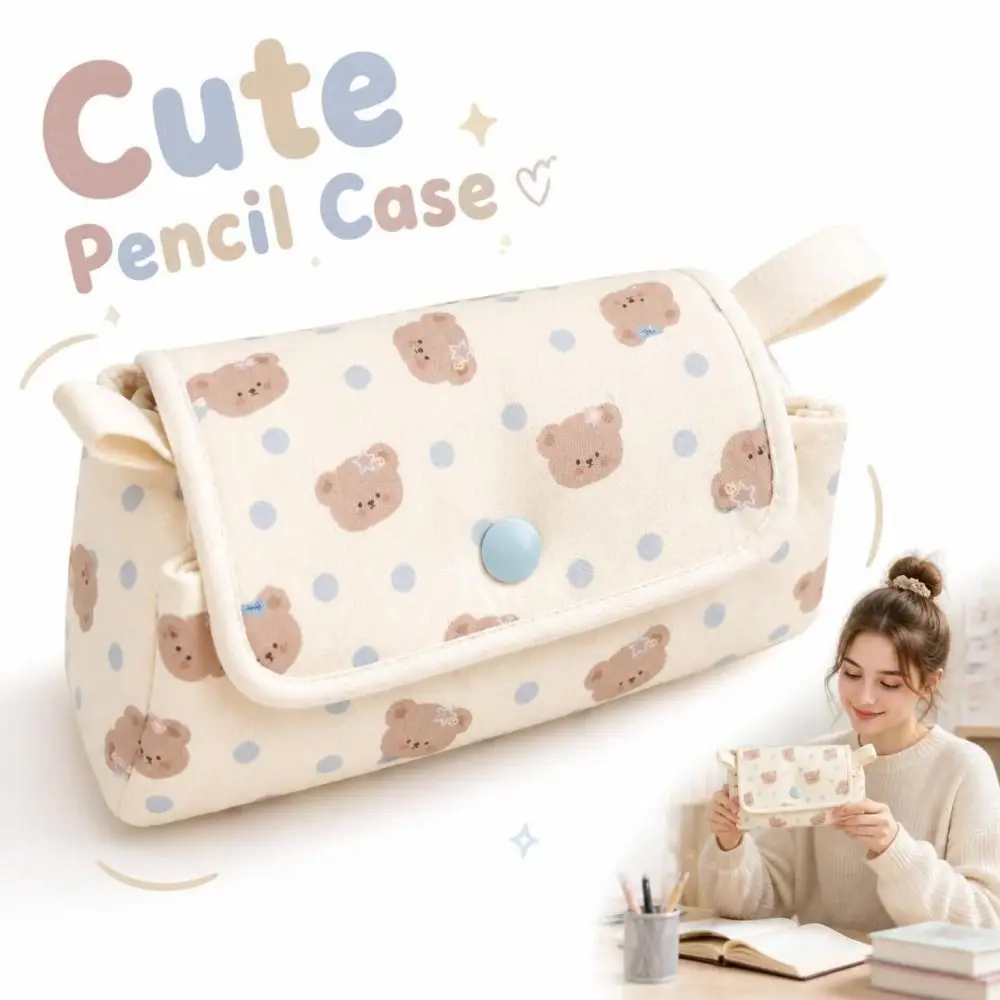 Multi-Layer Pencil Pouch Button-closure Bear Printed Pencil Case Large Capacity Lightweight Stationery Bag Students Supplies