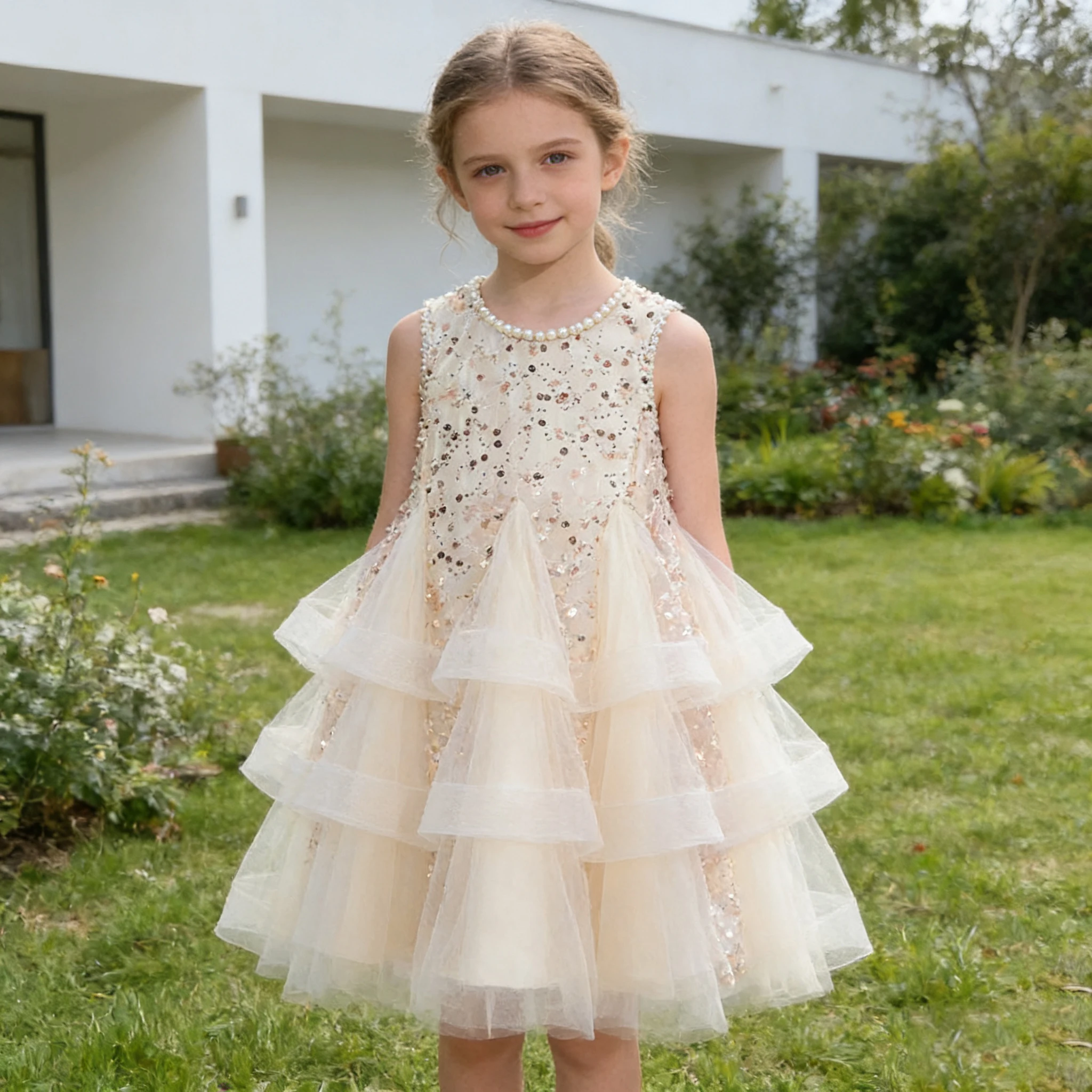 Sleeveless sequins elegant Dress for Girls Lace Tulle Mesh Grils Summer Dress Flower Girls Party Dress for Little Girls