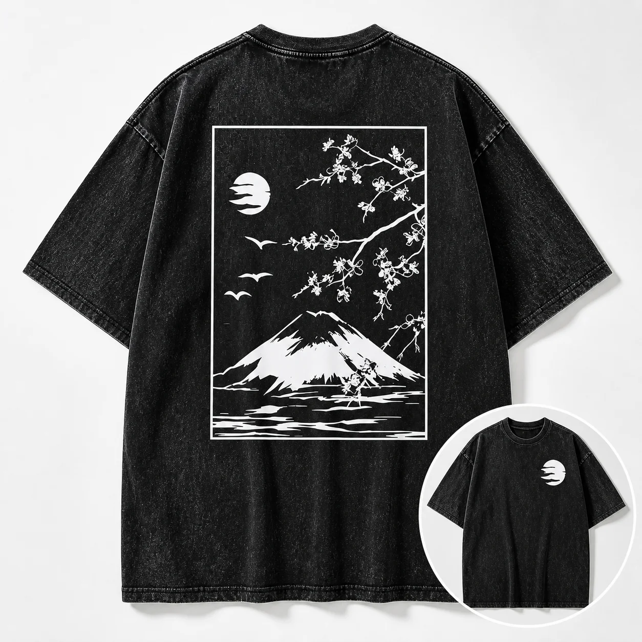 Washed Black Japanese Fuji Mountain T‑Shirt Unisex Front Back Dual Print Tee Cherry Blossom Moon Bird Graphic Vintage Street Top