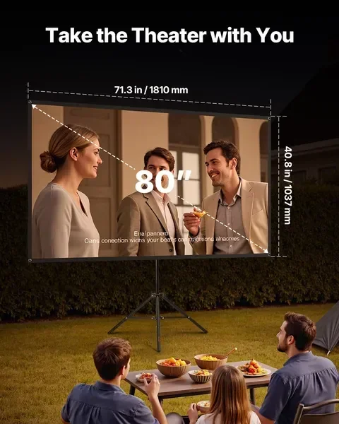 Projector Screen with Stand, 80 Inch 160° Wide Angle Indoor Outdoor Projection Screen, 16:9 4K HD
