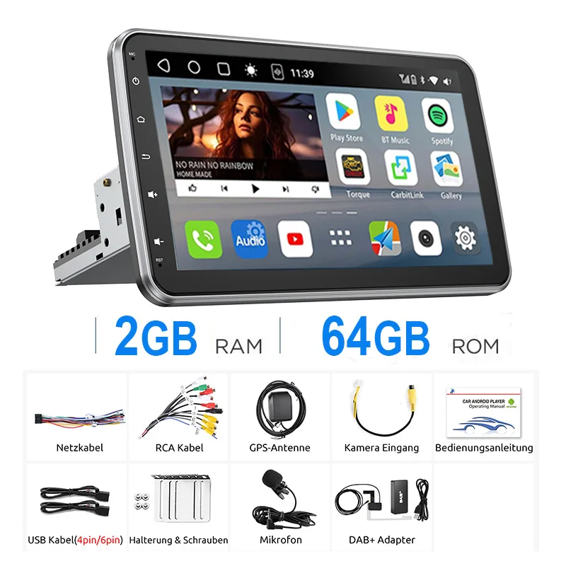 Universeel Autoradio ESSGOO Android14 10.1" 4+64 GB Draaibaar 360° Touchscreen 1 DIN Draadloze CarPlay Android Auto Bluetooth GPS Navigatie RDS WiFi Microfoon Equalizer FM Stuurwielbediening Mirror