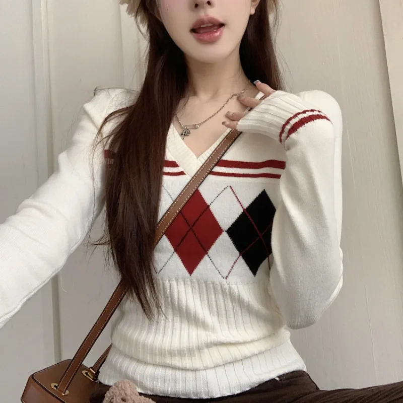 Pullovers Women V-neck Panelled Ins Argyle Autumn Knitwear Vintage Sweet Spicy Girls Long Sleeve Trendy Popular Harajuku Soft