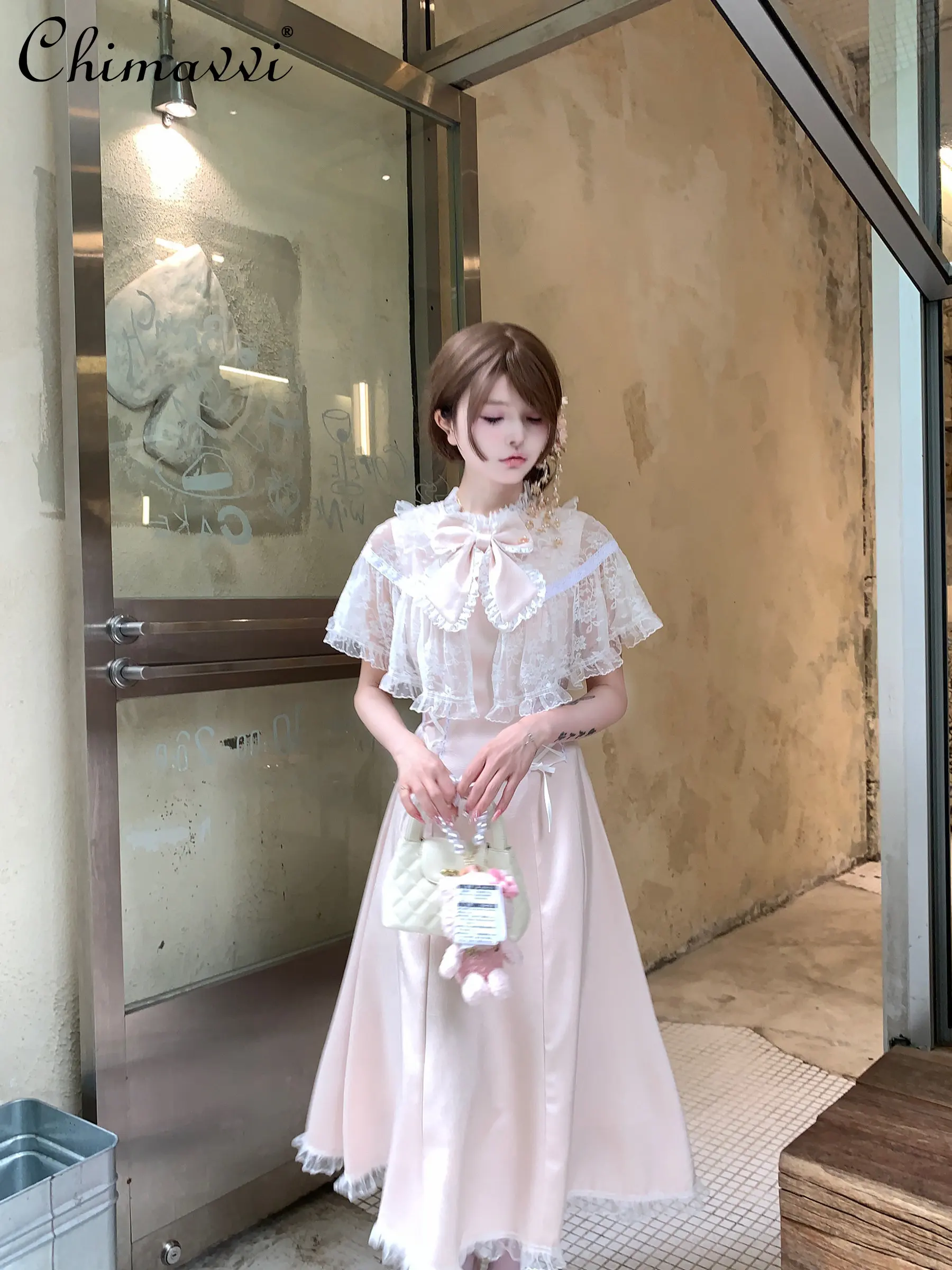 

Original Japanese Mine Series Pink Lace Cape Fairy Long Dress Spring Summer New Sweet Girl Temperament Princess Lolita Dress