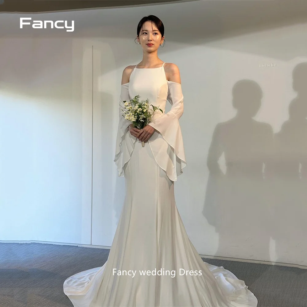 

Fancy Elegant Soft Stretch Mermaid Wedding Dresses Flare Long Sleeves Offf Shoulder Bridal Gowns Photoshoot Custom Made