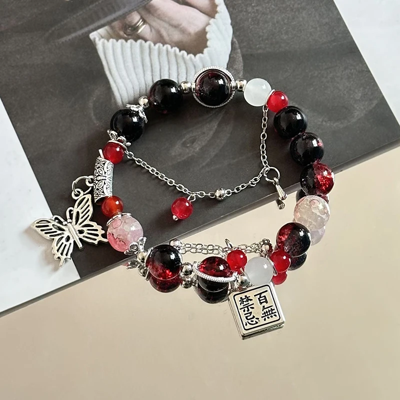 Rotes Perlen armband im chinesischen Stil für Frauen, die Schmetterlings quasten ketten anhänger armbänder mit dunklem gotischem Schmuck – Detail 9