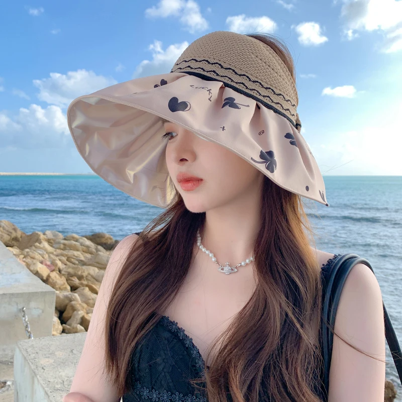 Summer Women's Printed Empty Top Hat Versatile Outdoor Travel Shopping Beach Sun Protection Hollowed Decorative Cap MZ1619