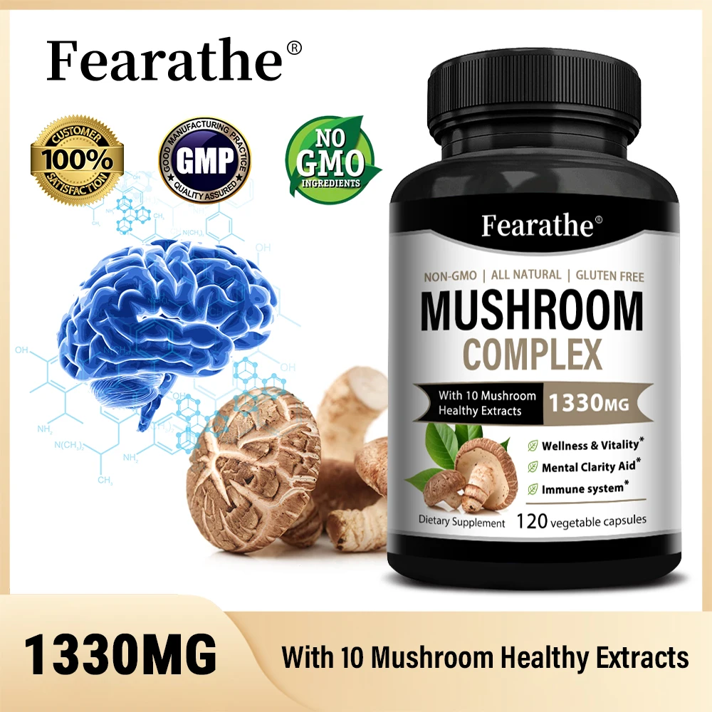 Fearathe Mushroom Complex - Contains 10 Beneficial Mushroom Extracts for Focus, Brain, Digestion, Immune Health, Antioxidants