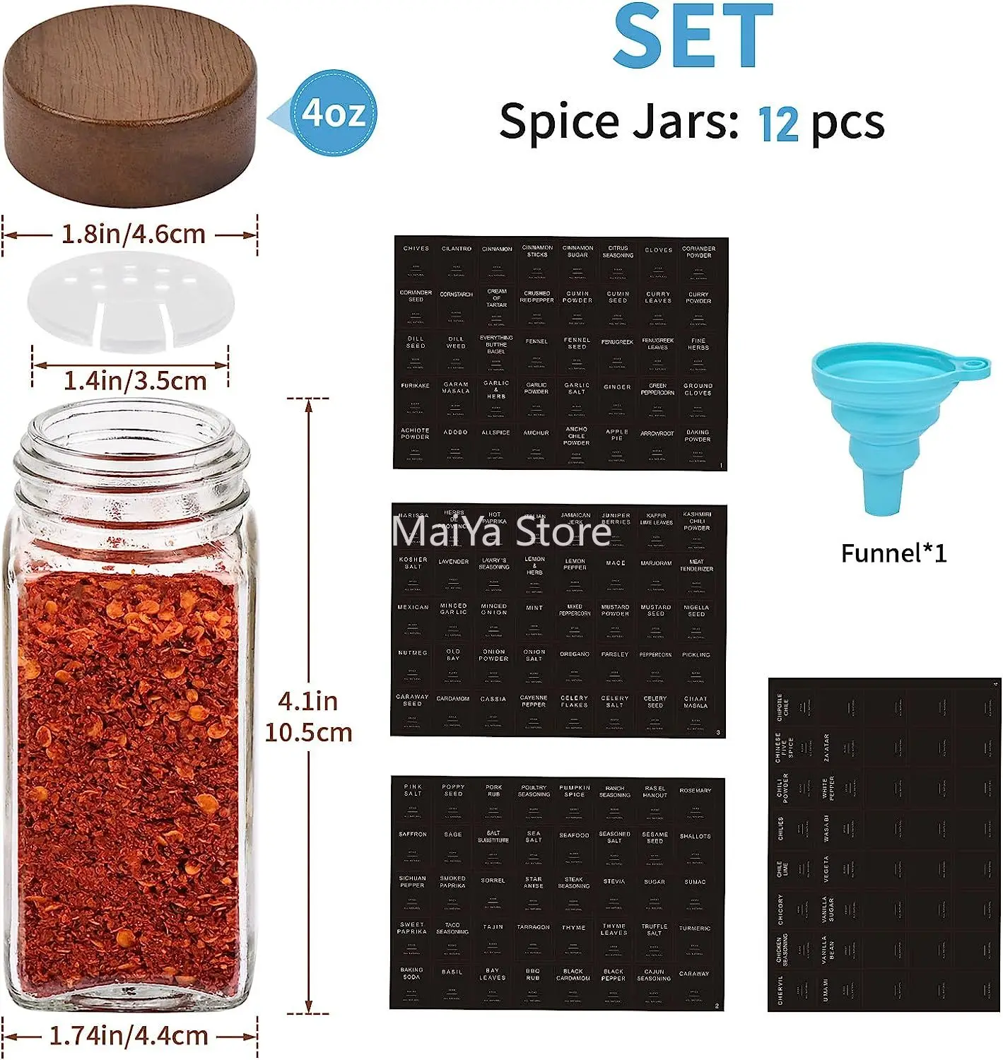 Glass Spice Jars with Labels 4oz Empty Square Spice Bottles with acacia wood lid & Shaker Lids