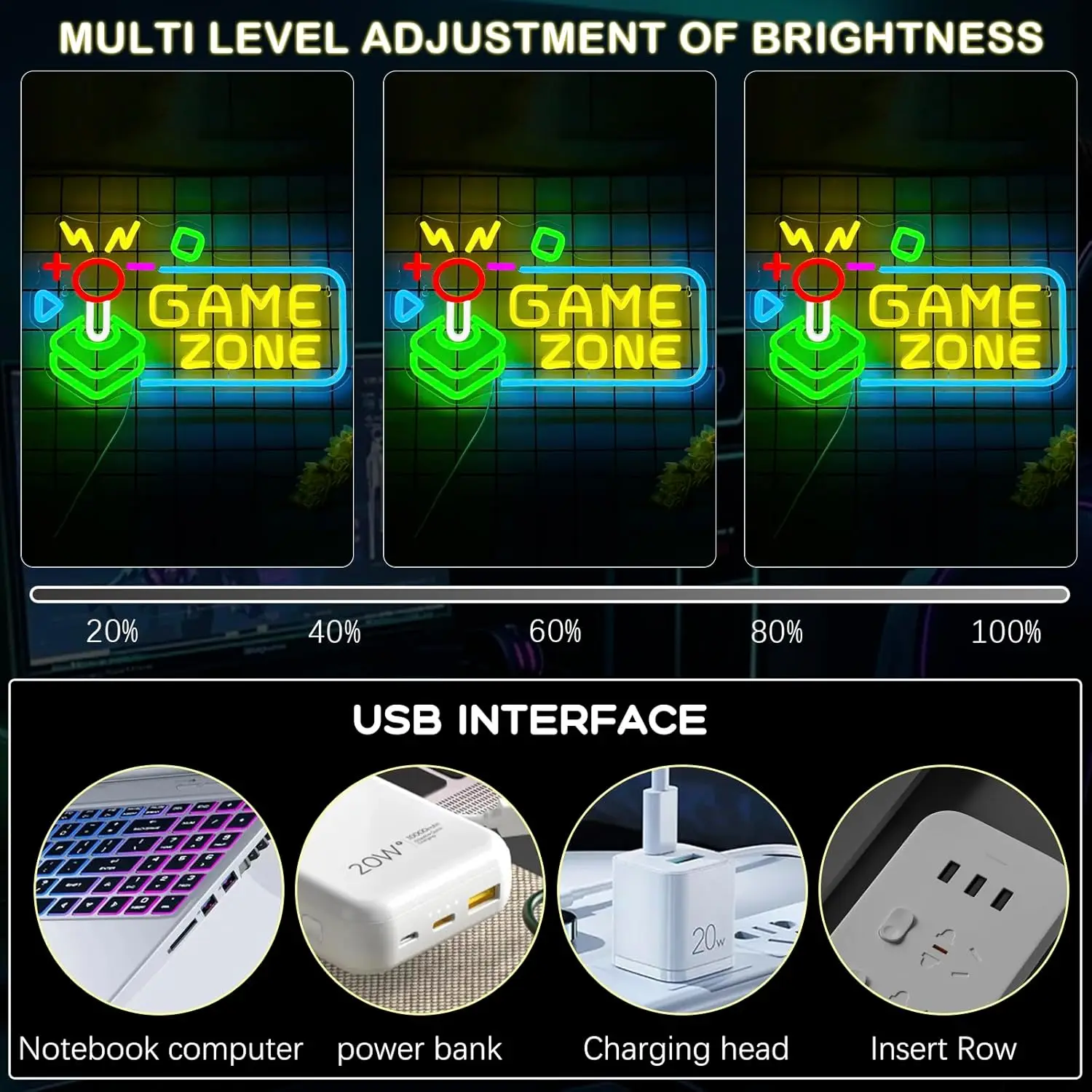 Game Zone Neon Sign LED Wall Art USB Powered Gaming Controller Gamer Room Decor Boys Bedroom Streaming Setup Arcade Party Light