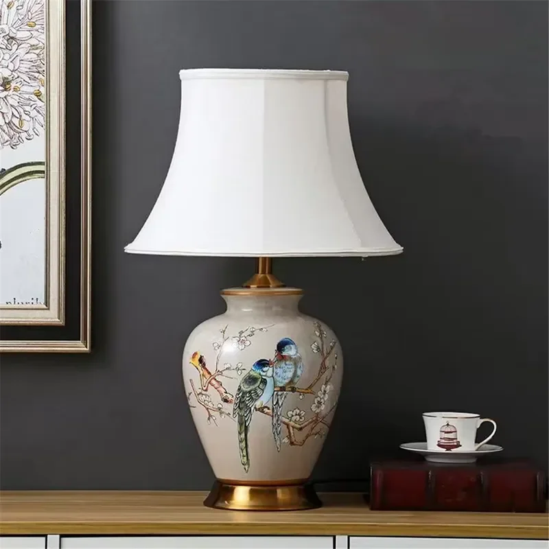 American Rural Ceramic Table Lamp with Fabric Shade Magpie Bird Plum Blossom Pattern for Living Room Villa Hotel Bedside