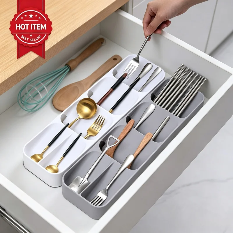 Cutlery Organizer Knife Storage Tray, Space‑Saving Compartment Rack for Knives Spoons Utensils, Kitchen Drawer Organizer