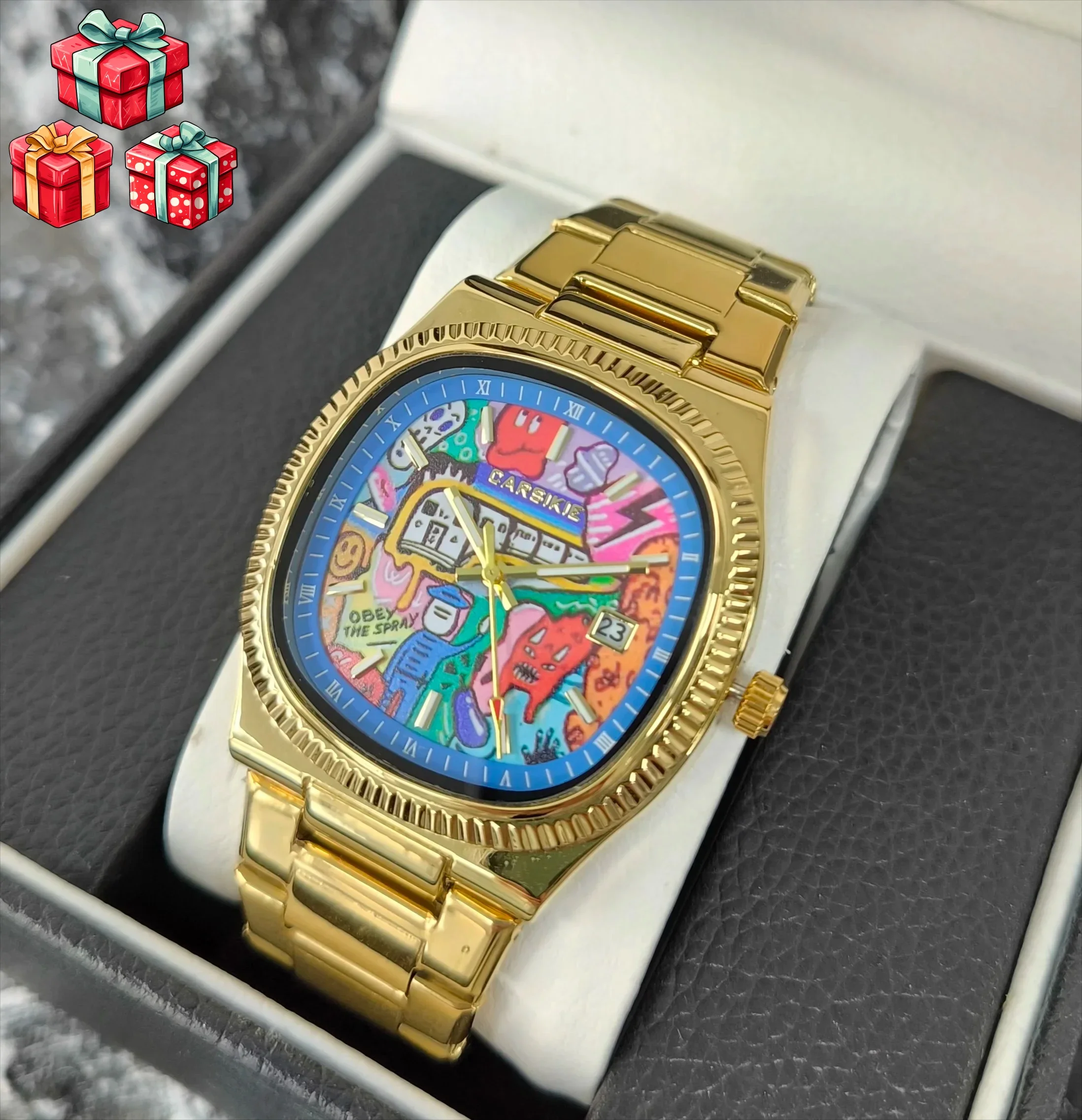 ساعة مربعة جديدة للزوجين بقرص فني تجريدي، ساعة كلاسيكية أنيقة، ساعة كوارتز فضية وسوداء وذهبية، هدية فاخرة على طراز الشارع #5