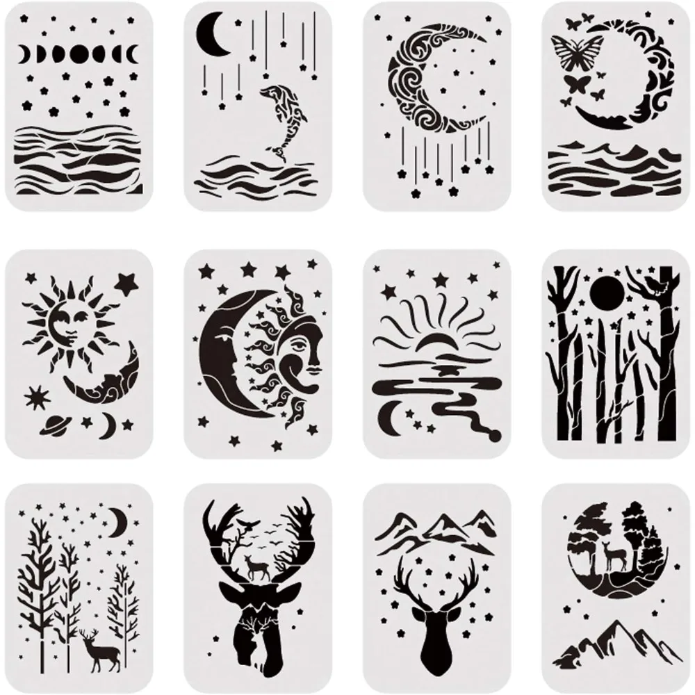 

12PCS 8x12 Inches Mountains Rivers Trees Pattern Template Stencil Moon Star Elk Painting Stencil for Art Craft Painting Scrabook