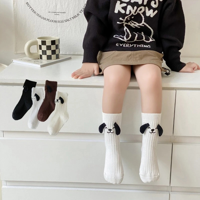 

1 пара осенних детских носков для детей от 1 до 12 лет, вязаные носки с милой мультяшной вышивкой для собак, девочек и мальчиков, хлопковые школьные спортивные носки