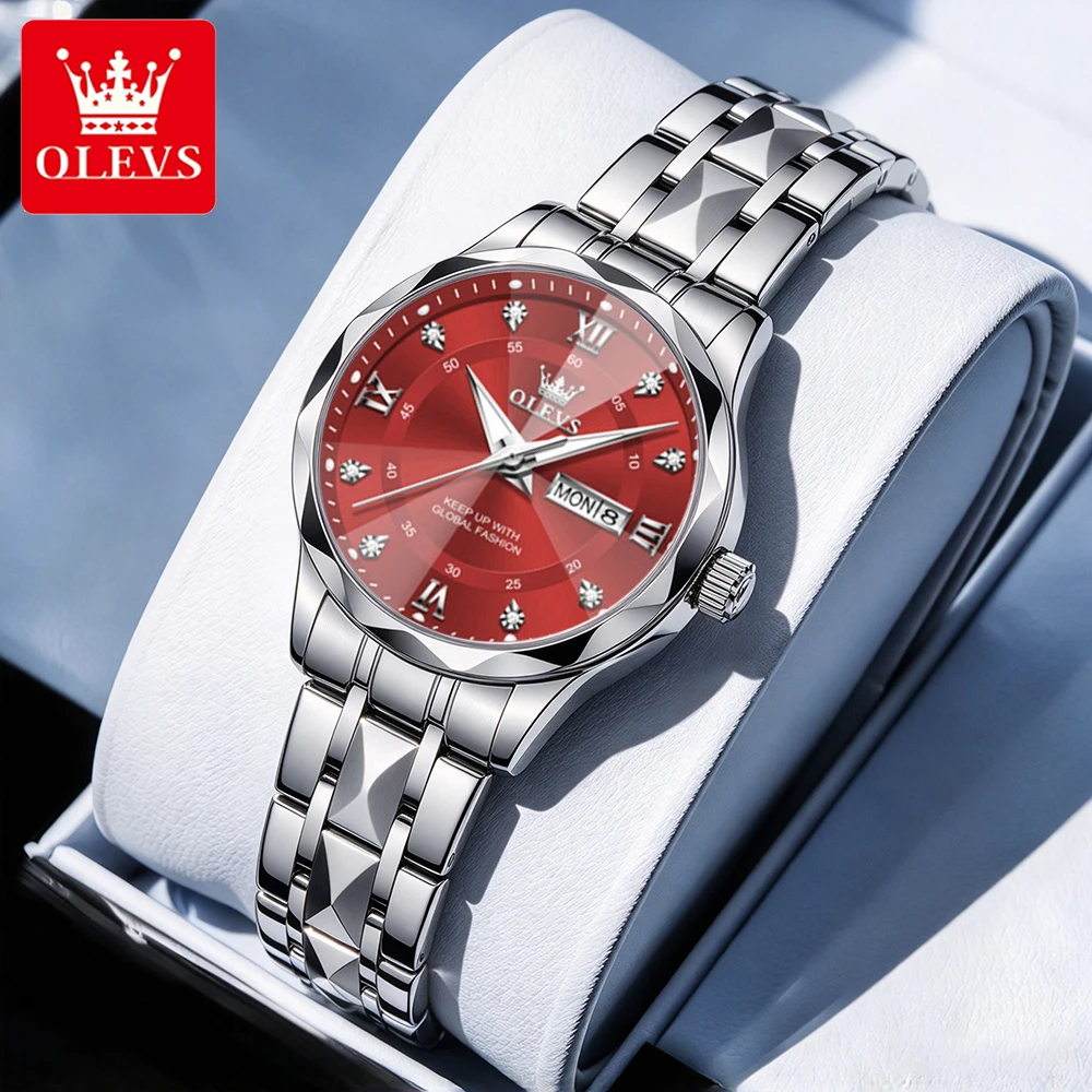 OLEVS Women's Watches Trend Fashion Rhombus Mirror Stainless Steel Original Quartz Wristwatch Waterproof Luminous Date Week 5609