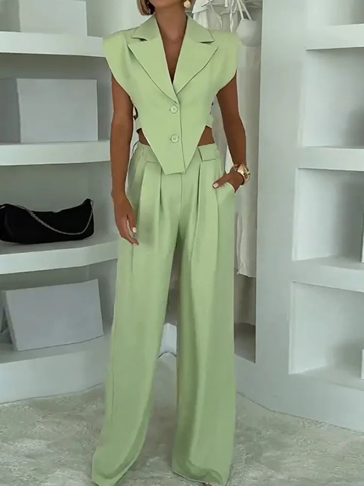 

Office Simple Solid Color Straight Outfit Fashion Hollow High Waist Party 2 Piece Sets Women's Lapel Collar Top and Pants Suit