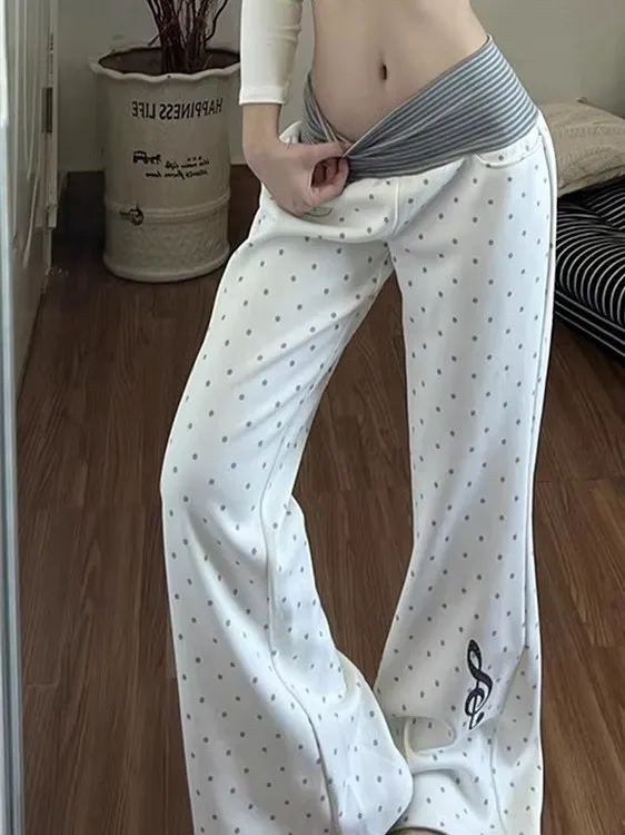 

Белые брюки с принтом в горошек, утепленные флисом, с высокой талией, широкими штанинами, женские повседневные брюки, весна 2026, новый стиль, хлопковый материал