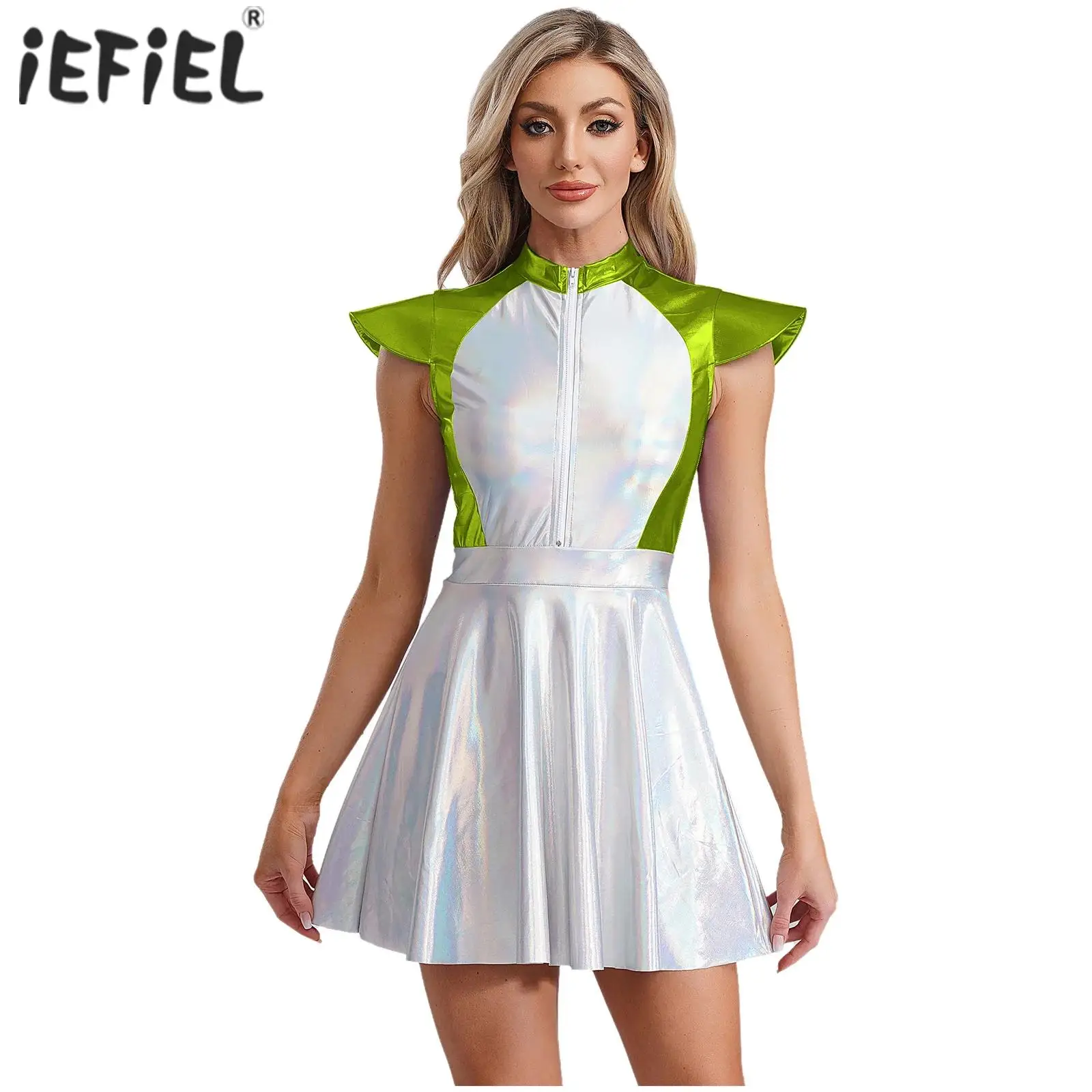 Disfraz de Cosplay de Astronauta Espacial para Mujer, Disfraz de Astronauta Espacial, Vestido de Línea A con Mangas Cortas, Vestido Brillante para Fiesta de Disfraces