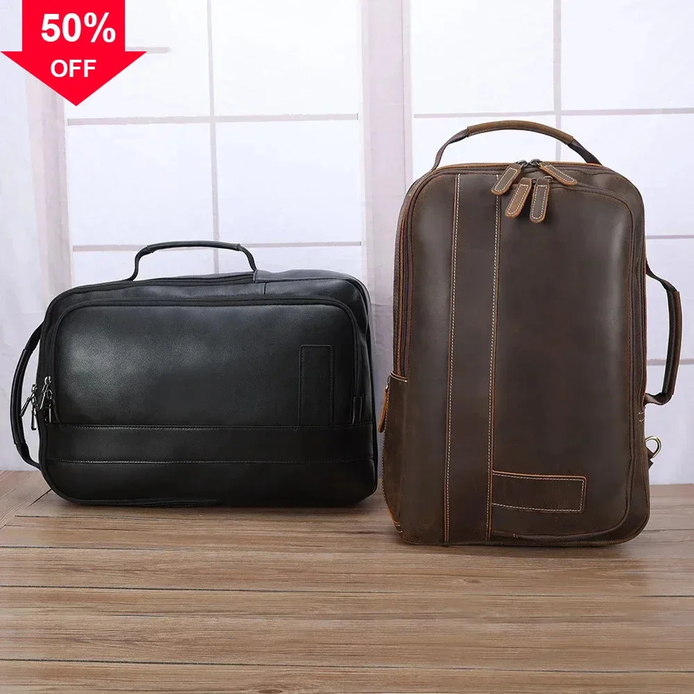 Multifunction Backpack For Men Genuine Handbags Travel Bag Crazy Horse Leather Male Backpacks 15.6 Laptop