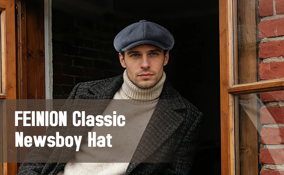 FEINION Herren Wollmischung Newsboy Cap 8-Panel Ivy Tweed Cabbie Flat Hat mit Druckknopfverschluss vorne, Irish Cabbie Cap – Detail 5