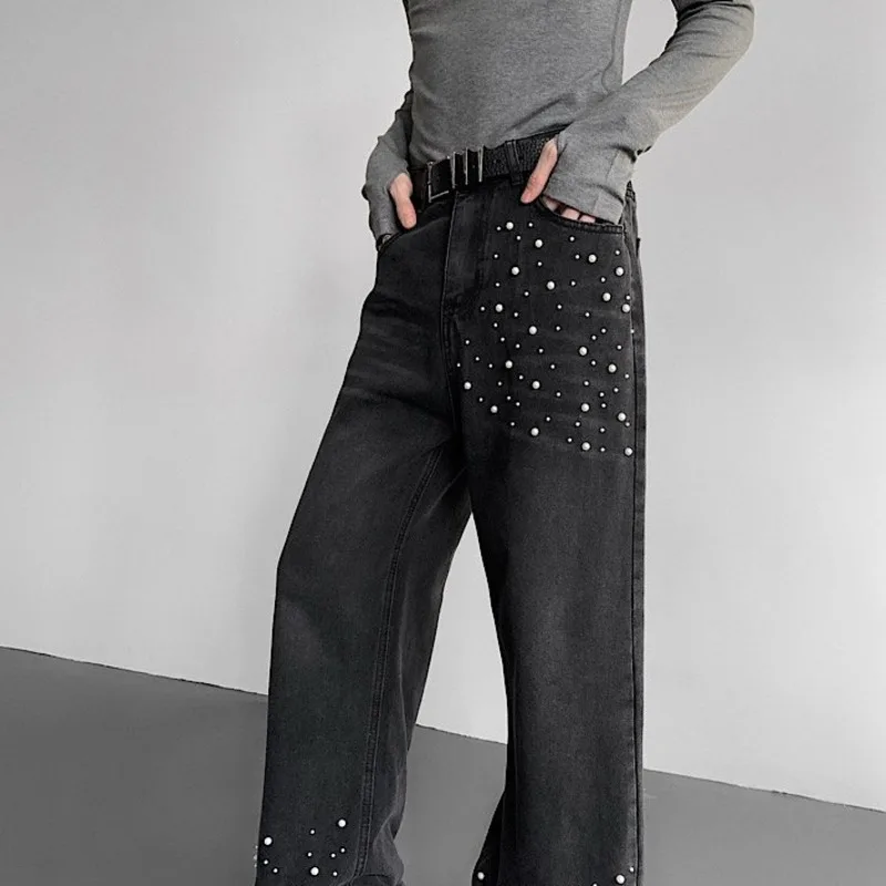 WVGA Broek Lente Herfst Nieuwe Man Tide High Street Y2K Zware Parel Decoratie Trendy Design Niche Chic Rechte Jeans Ins W11862