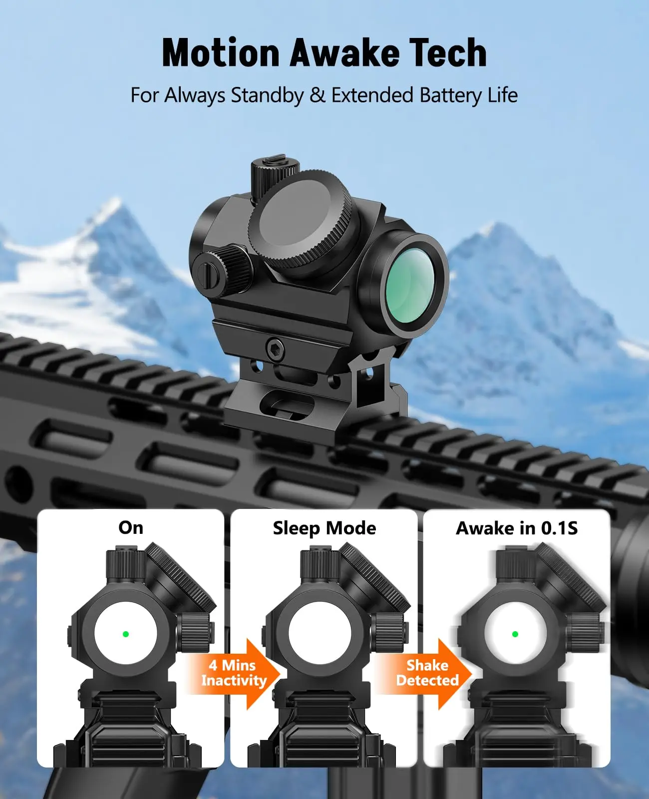 Recarregável Green Dot Sight Motion Awake 3 MOA Dot 1x21mm Óptica Co Witness Riser Baixo Perfil 20mm Picatinny Mount IPX7