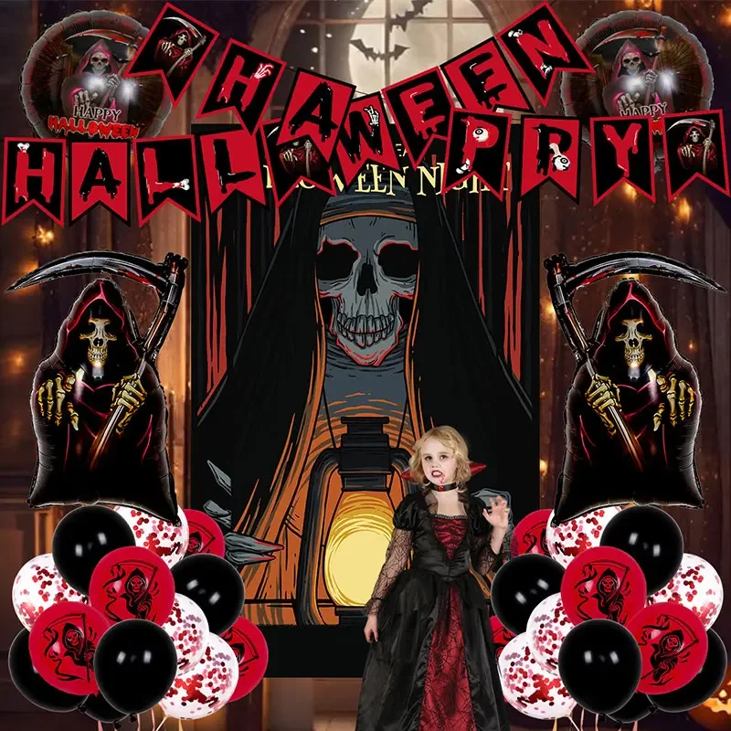 

32 Pieces/set Halloween Horror Background Cloth Balloons Set Black and Red Death Skull Balloons Halloween Party Decorations