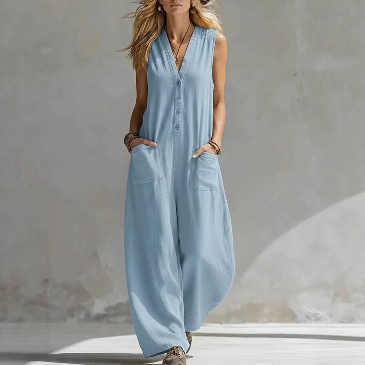 

2026 Amazon Independent Site Double-Pocket Casual Linen-Cotton Sleeveless European And American Style Jumpsuit