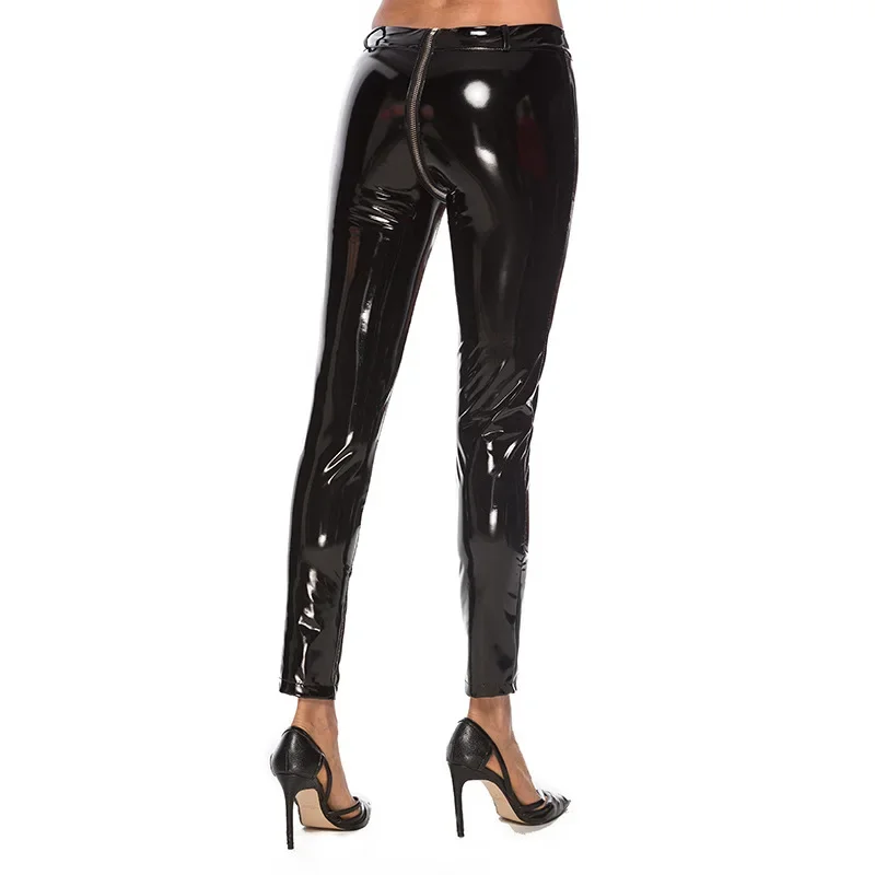 Pantalones sexis de cuero de PVC para mujer, pantalones con aspecto húmedo líquido, entrepierna abierta con cremallera, mallas ajustadas brillantes, disfraz de mujer