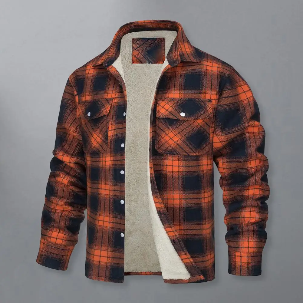 

Men Plaid Jacket Plaid Print Lapel Men's Fall Winter Jacket with Soft Plush Pockets Single-breasted Closure Thickened for Casual