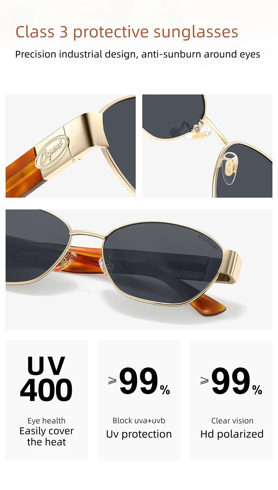 CAPONI Polarisierte Damen-Sonnenbrille, modisches Acetat, Outdoor-Vintage-Design, hochwertige Sonnenbrille, UV400, bernsteinfarbener Farbton, CP36002 – Detail 4