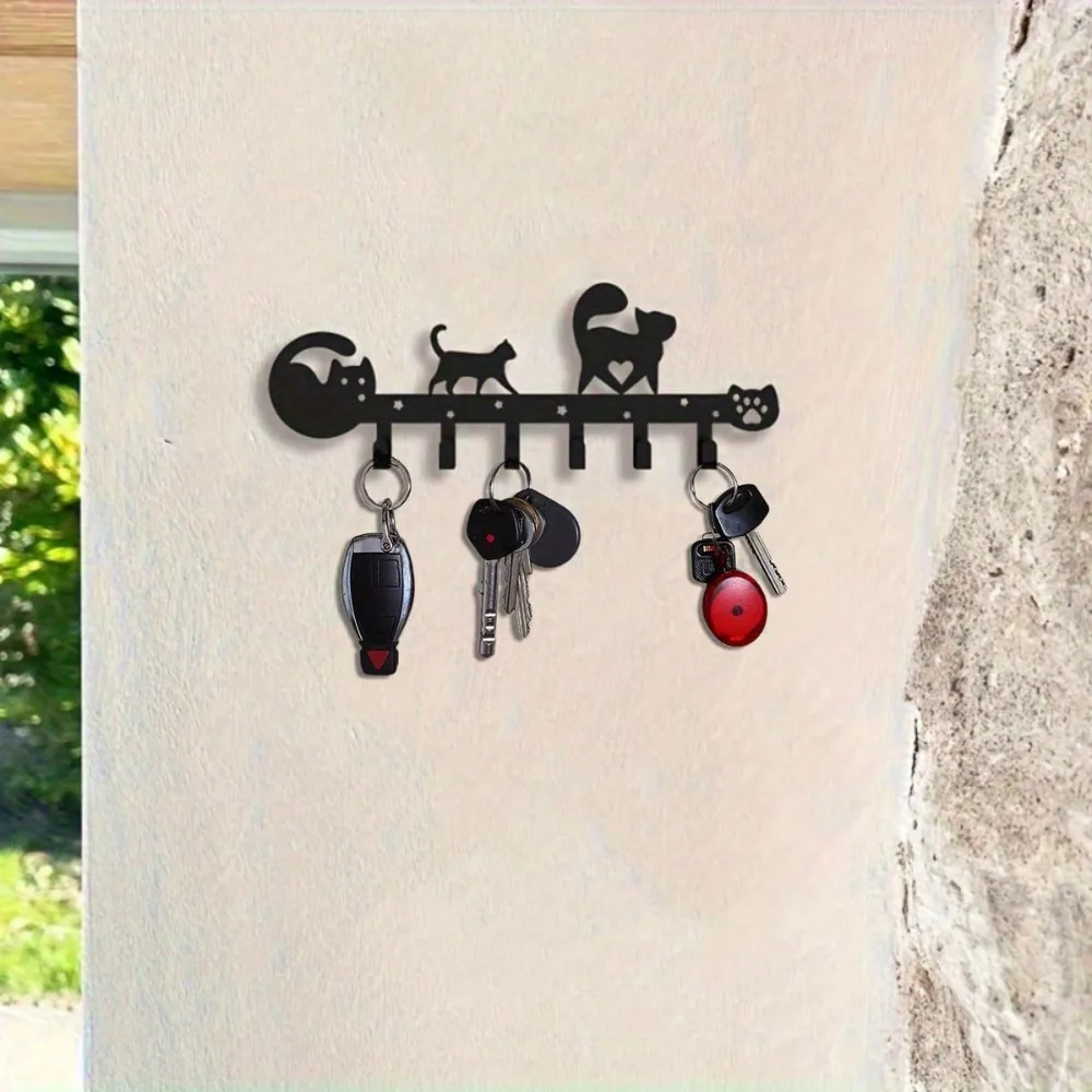 1PC Black Cat Key Holder Wall Decor, Heart Shaped Design with 6 Hooks for Entryway and Car Keys