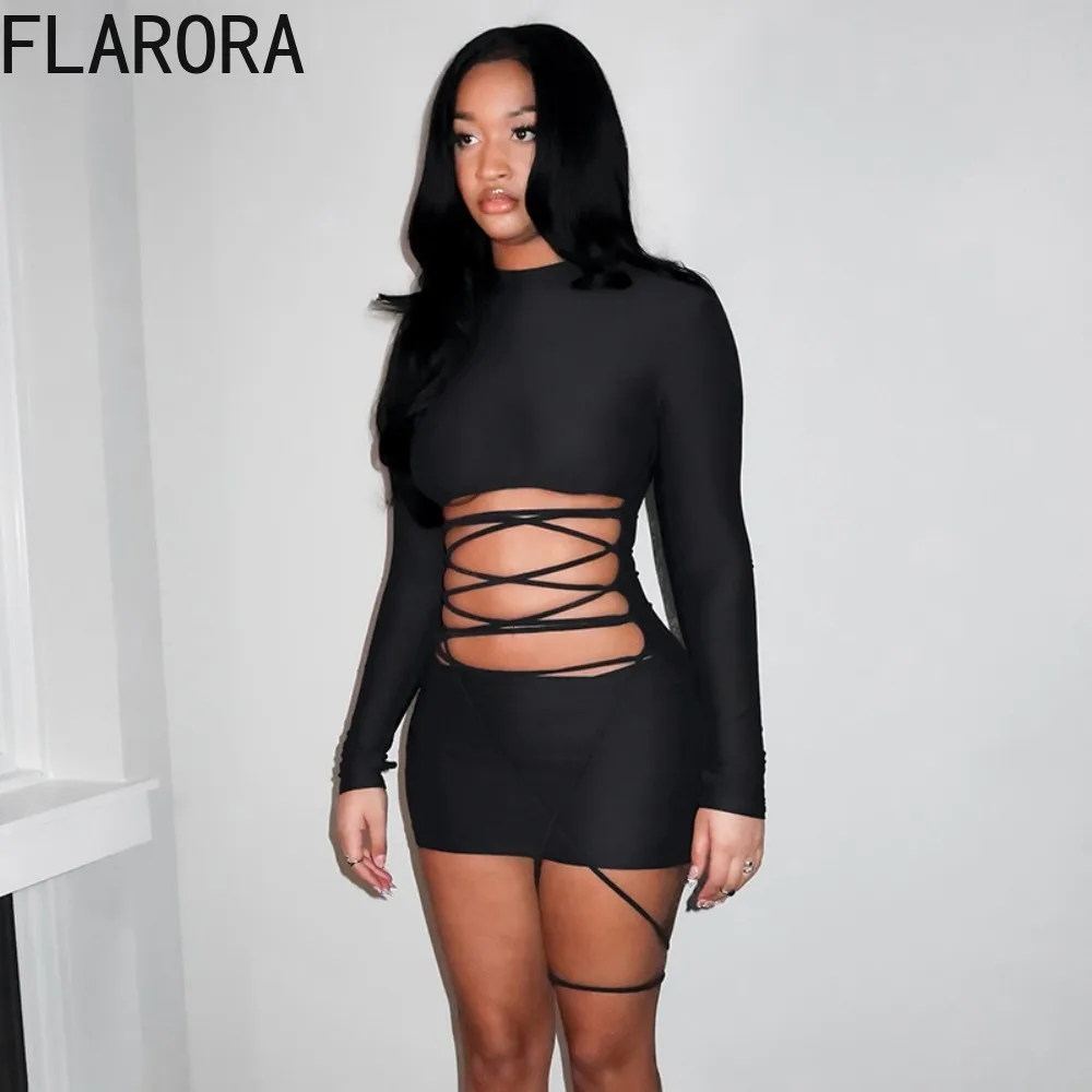 

FLARORA Sexy Cross Bandage Patchwork Dress Woman Solid Color Hollow Out Full Sleeve Bodycon Dresses Trend Hottie Party Clubwear