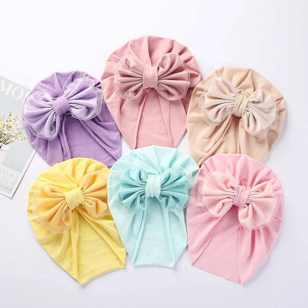 6Pcs/Lot Organza Bow Turban Baby Hat for Infant Princess Girls Sweet Bonnet Cotton Headwraps Kids Toddler Hair Accessories