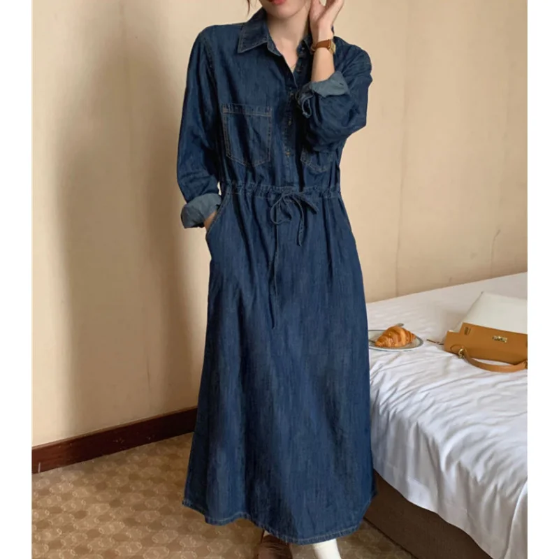 

Korean Version Double Pocket Lapel Button Long Dress Women Drawstring Waist Tie Washed Long A-Line Dress