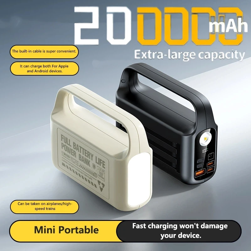 200000 mAh Power Bank, große Kapazität, tragbare Notstromversorgung für den Außenbereich, integriertes Kabel, Campinglicht für iPhone Xiaomi