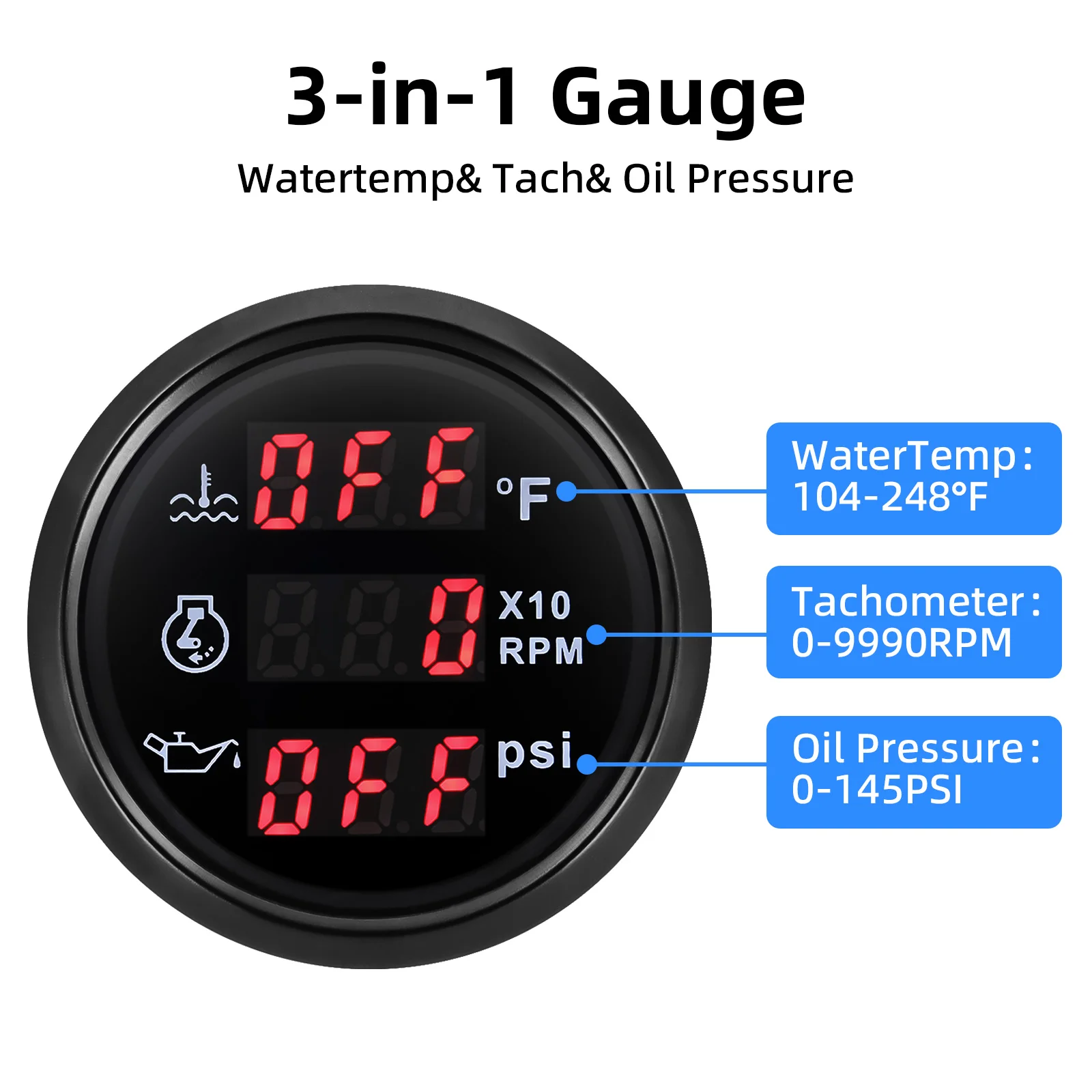 52mm Tachometer Oil Pressure Water Temp 3In 1 Multifunction Gauge with Senders Red backlight for Boat Car Truck ATV Gauge