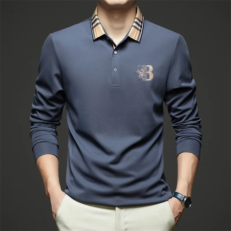 Modisches, hochwertiges, besticktes Herren-Polohemd aus Baumwolle, Herbst-Revers-T-Shirt in Kontrastfarben, lässige, vielseitige Herrenbekleidung – Detail 5