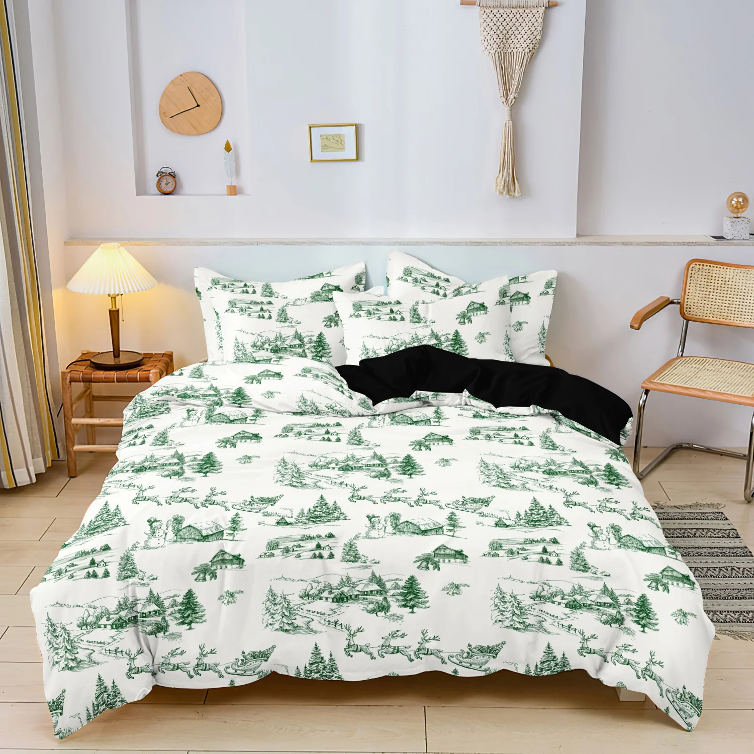 3Pcs White Winter Forest Cabin Reindeer and Sleigh Sketch Print Duvet Cover Set, Green Toile Christmas Village Bedding