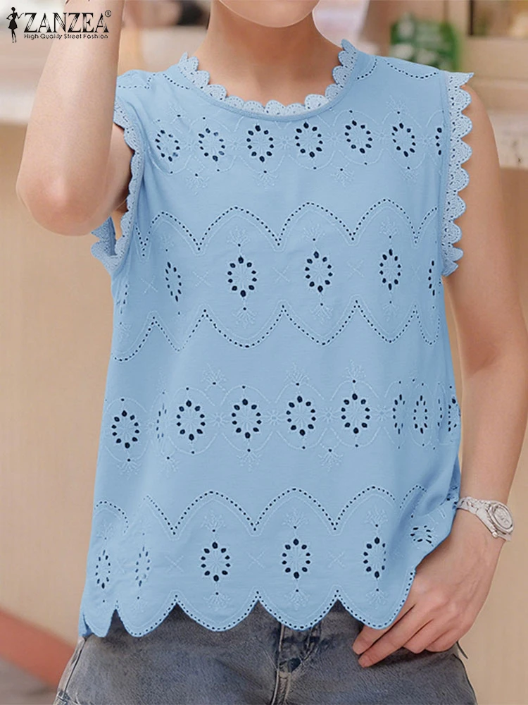

ZANZEA модные хлопковые топы на бретелях женские летние футболки без рукавов кружевные рубашки 2025 элегантная уличная одежда корейские Blusas туника топы Femme