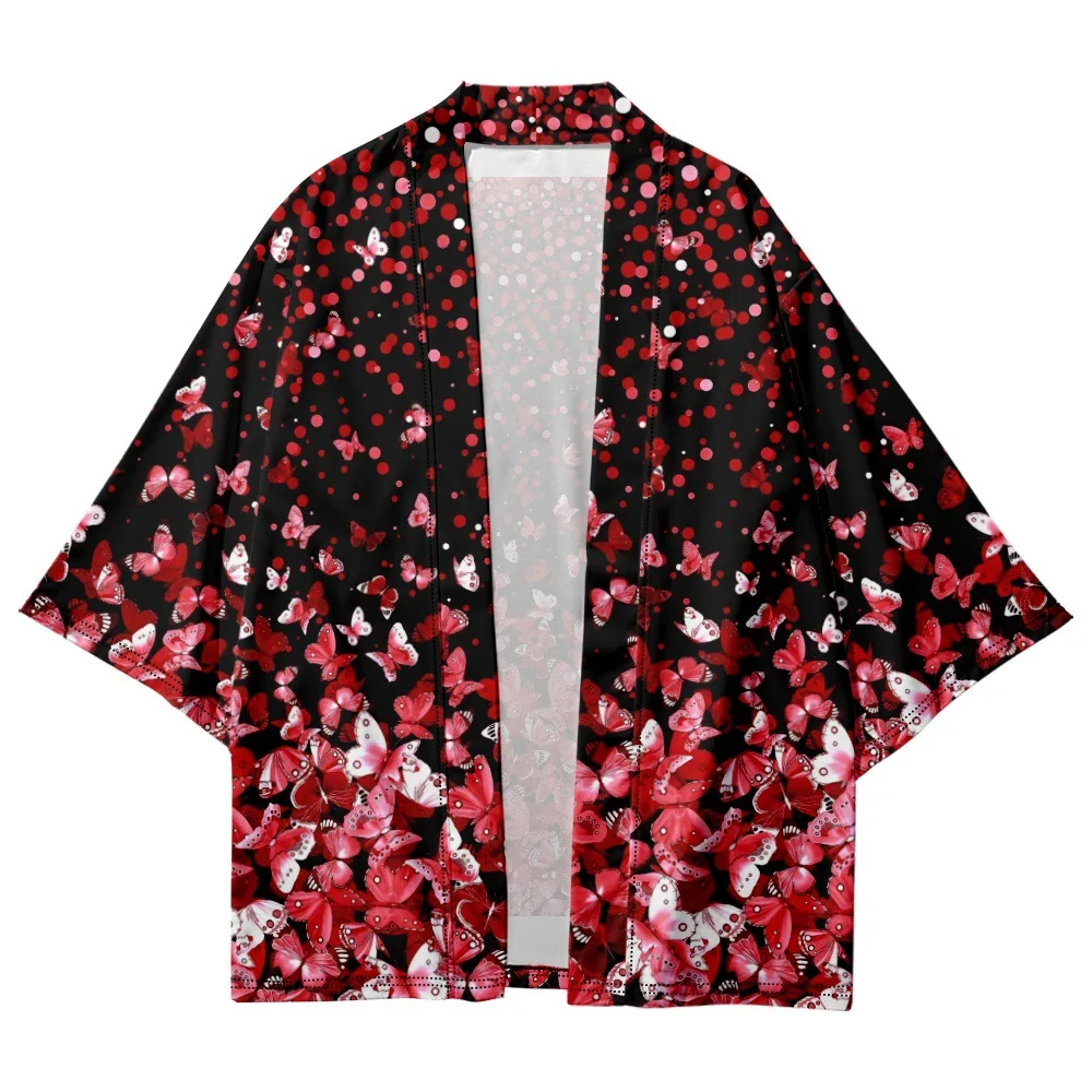 

Plus Size 6XL 5XL 4XL Red Butterfly Print Loose Japanese Cardigan Men Beach Kimono Cosplay Tops Women Yukata Clothing