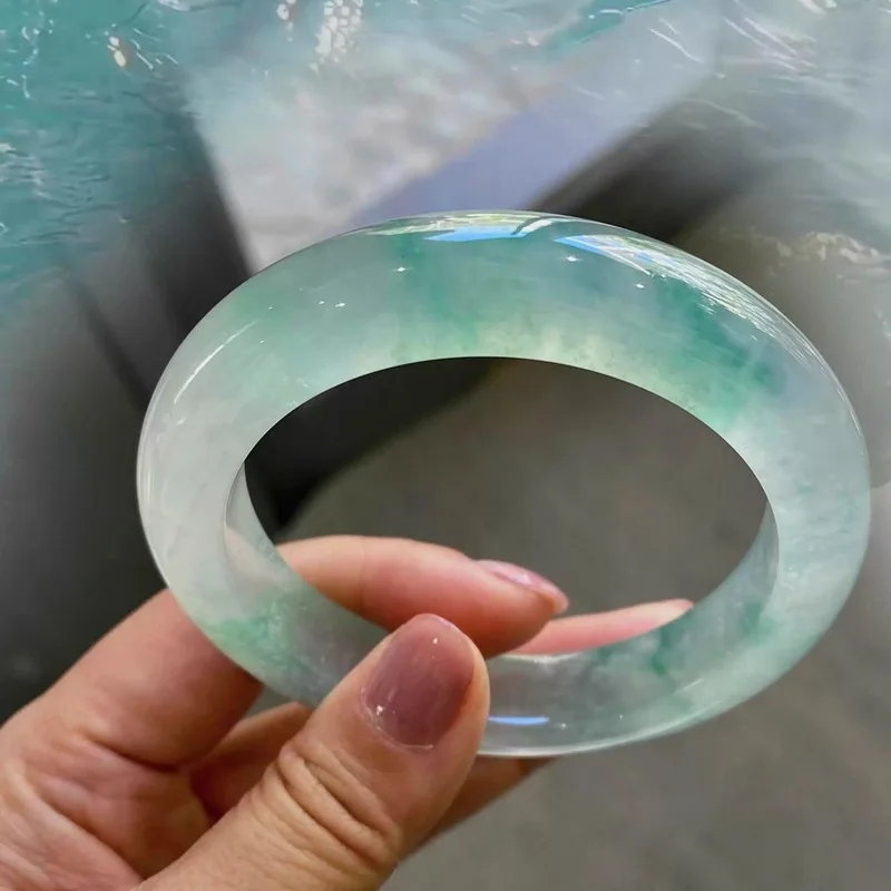 Jadeite Ice-Float Bracelet, Regular Size, Princess Style, Beautiful Pattern, Oil Green Flower Inclusions, Comes with Gift B