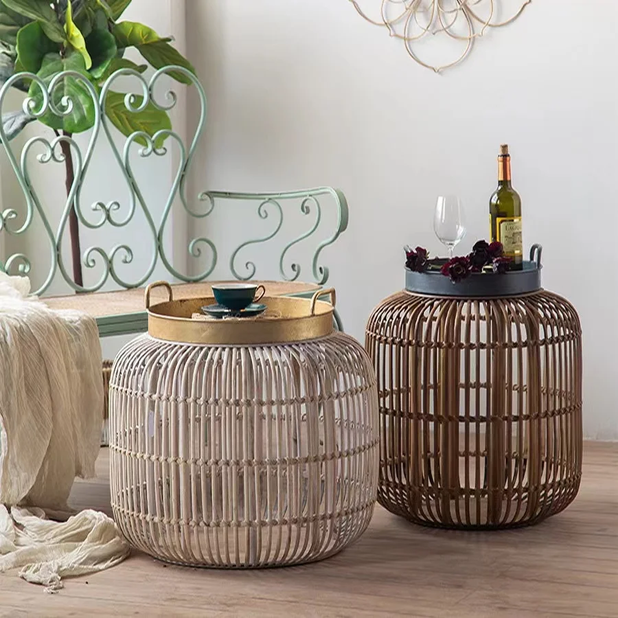 French vintage rattan-woven coffee table with metal frame creative decoration round side table for living room